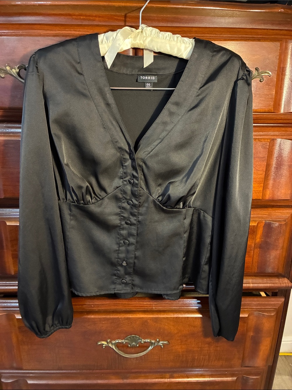 torrid Black Satin V-Neck Button Front Long Sleeve Blouse